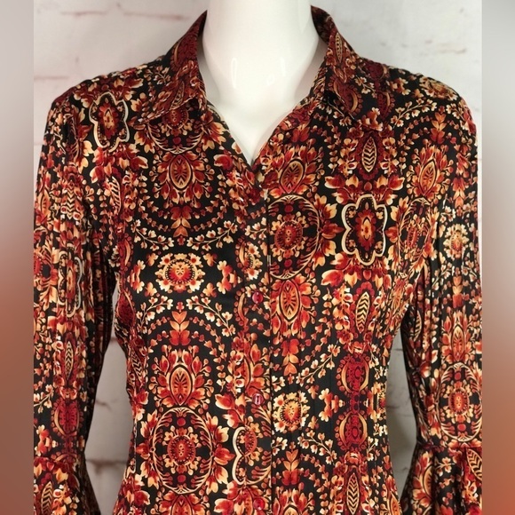 ESSENTIALS By MILANO Pleated S 3/4 Bell Sleeve Rust Cream Black Print Blouse - Picture 11 of 13